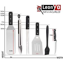 Leonyo Griddle Accessories Set of 6, Heavy Duty Stainless Steel Metal Spatula - Grilling Teppanyaki Spatula for Flat Top BBQ Cooking, Riveted Handle, Dishwasher Safe, Hanging Hooks Attached