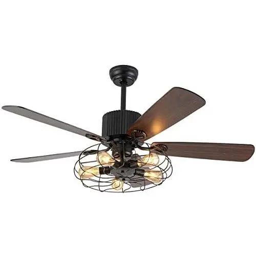 Retro Industrial Ceiling Fan Light 52 Inch 5-Lights E27 Fixture for Restaurant Living Room Bedroom Create Iron Cage Rustic Style (52'' Retro Industrial) (Retro Industria Cage) Retro Industrial Ceiling Fan Light 52 Inch 5-Lights E27 Fixture for Restaurant Living Room Bedroom Create Iron Cage Rustic Style (52'' Retro Industrial) (Retro Industria Cage)