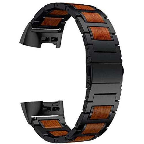 LDFAS Wood Band Compatible for Fitbit Charge 4/3 Bands, Red Sandalwood Stainless Steel Replacement Metal Watch Women Men Strap Compatible for Fitbit Charge 4/3 Smartwatch, Black