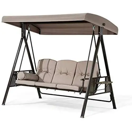 PURPLE LEAF 3-Seat Deluxe Outdoor Patio Porch Swing with Weather Resistant Steel Frame, Adjustable Tilt Canopy, Cushions and Pillow Included, Beige PURPLE LEAF 3-Seat Deluxe Outdoor Patio Porch Swing with Weather Resistant Steel Frame, Adjustable Tilt Canopy, Cushions and Pillow Included, Beige