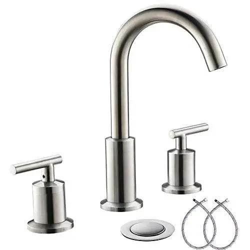 3 Hole 8 inch 2 Handles Brushed Nickel Widespread Bathroom Faucets with Valve And Metal Pop-Up Drain Assembly By Phiestina, WF003-1-BN