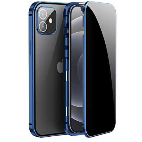 Jonwelsy Anti Peeping Case for iPhone 12 (6.1 Inch), Double-Sided Anti Spy Tempered Glass Privacy, 360 Degree Protection Cover, Magnetic Adsorption Metal Bumper for iPhone 12 (Blue)