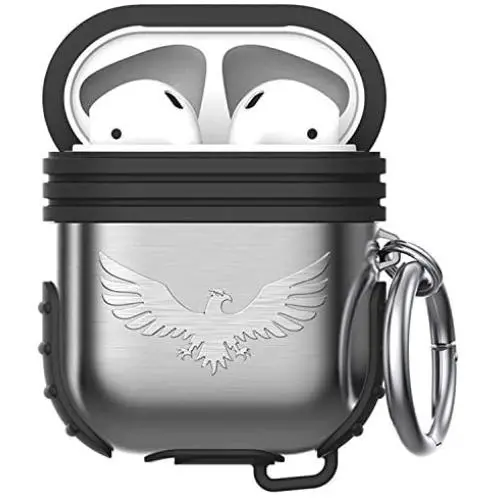 Lauzq Metal Airpods Case,Hard Case Cover Full Protective Skin Cover Shockproof Compatible Airpods 1&2 Charging Case(Not for Wireless Charging),Dual-Layer Silicone & Anti-Lost Keychain