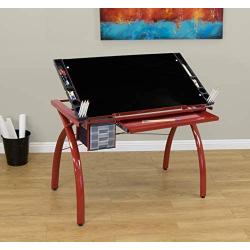 Futura Crafting, Drafting, Drawing Table with Adjustable Top, Red and Black Glass