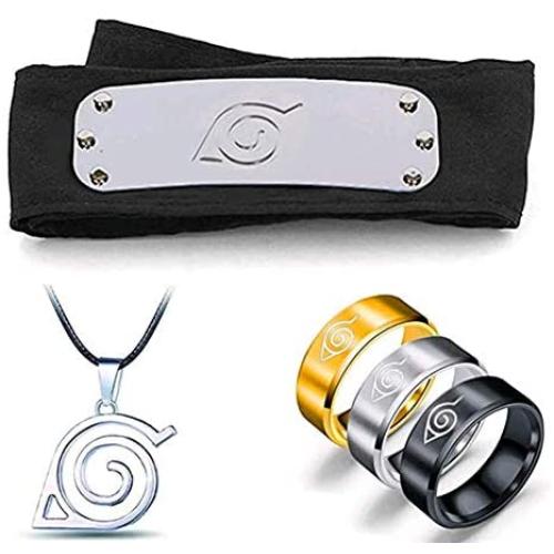 5PCS Cosplay Adjustable Metal Leaf Village Headband Ninja Uchiha Sasuke Kakashi Set Ring Necklace