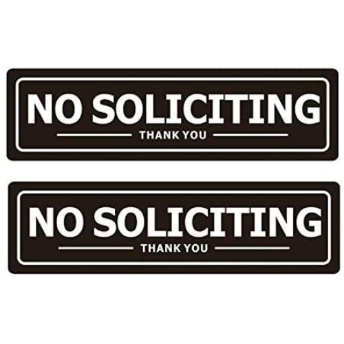 No Soliciting Sign for Door - Metal Signs for House Business and Office Wall - Weather Resistant Aluminum with Strong Self Adhesive (2 Pack, Black 7×2 inches)
