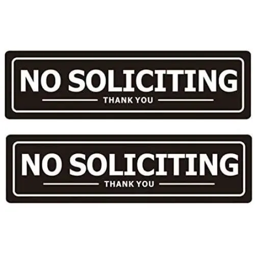 No Soliciting Sign for Door - Metal Signs for House Business and Office Wall - Weather Resistant Aluminum with Strong Self Adhesive (2 Pack, Black 7×2 inches)