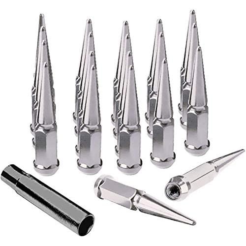 20pc Spike Lug Nut 14x2 Chrome 4.4'' Tall Offroad Extended Metal Lugs Premium, 1 Socket Key Included