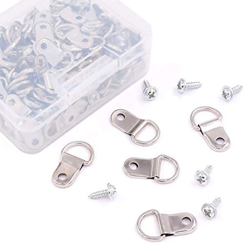 Rustark 110Pcs Silver Metal D Ring Picture Hangers Frame Hanging Hangers Single Hole with Screws for Picture Painting Frame Cross-Stitch