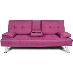 NOUVCOO Futon Sofa Bed Modern Linen Upholstered Couch, Convertible Folding Recliner Lounge Futon Couch with 2 Cup Holders/Armrest/Metal Legs for Living Room, Home Furniture, School Dormitoryl, Purple