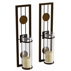 COLIBYOU 2 Piece Brown Tan Candle Holders Metal Sconce Set Modern Contemporary Wall Sconces Candles Warm Romantic Ambiance Elegant Geometric Design Circle Pattern, Iron