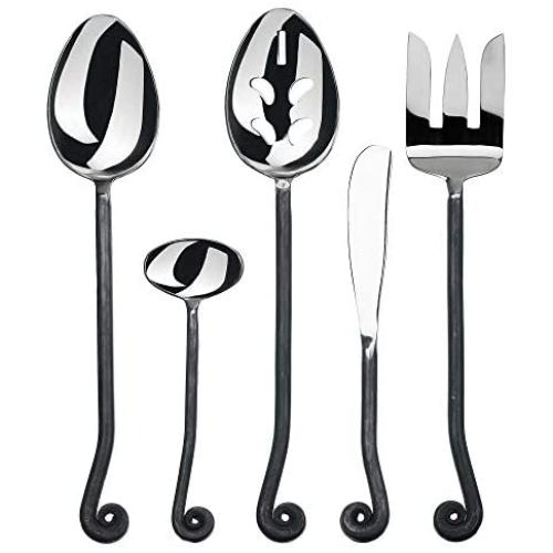 Gourmet Settings 5-Pieces Hostess Silverware - Treble Clef Collection Matte/Polished Metal Flatware Serving Set, Stainless Steel Kitchen Utensils Knife/Fork/Spoons, Dishwasher Safe