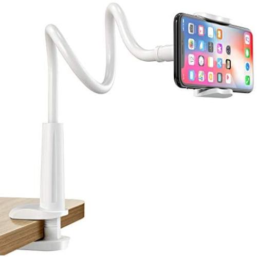 Gooseneck Cell Phone Holder, Universal 360 Flexible Phone Stand Lazy Bracket Mount Long Arms Clamp for Phone 11 Pro Xs Max XR X 8 7 6 6s Plus and Other 3.5~6.5 Device (White)