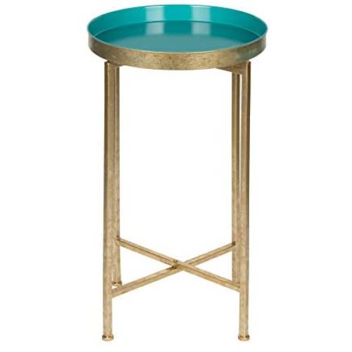 Kate and Laurel Celia Round Metal Foldable Tray Accent Table, Teal with Gold Base