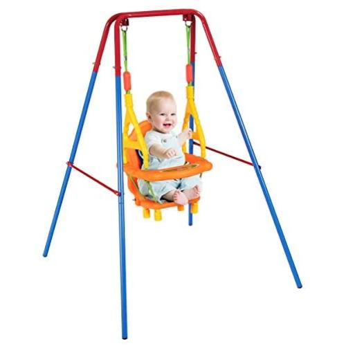 HONEY JOY Toddler Swing Set, Heavy Duty Metal A-Frame Swing Stand & High Back Baby Swing Seat with Safety Harness & Handrails, Indoor Outdoor Hanging Swing Set for Kids Boys Girls