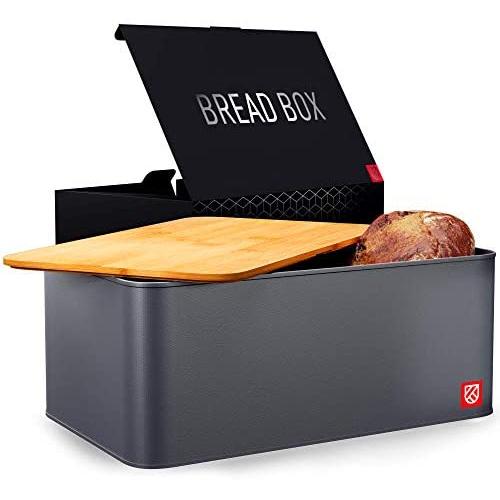 Bread Box with Bamboo Lid - Kensington London Countertop Metal Bread Bin Set with Wooden Chopping Board Top - Keeps Bread Fresher For Longer