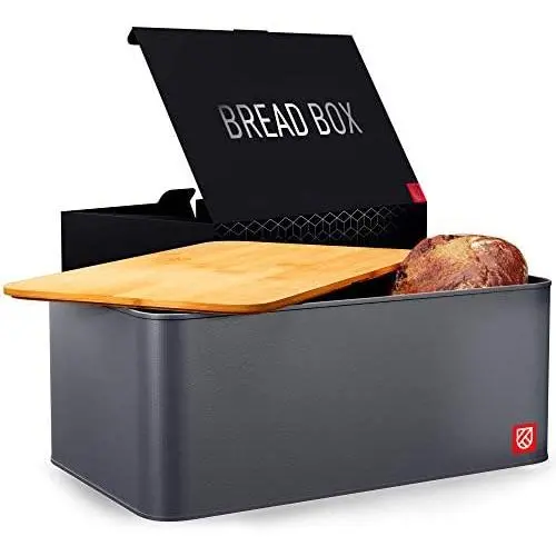 Bread Box with Bamboo Lid - Kensington London Countertop Metal Bread Bin Set with Wooden Chopping Board Top - Keeps Bread Fresher For Longer Bread Box with Bamboo Lid - Kensington London Countertop Metal Bread Bin Set with Wooden Chopping Board Top - Keeps Bread Fresher For Longer