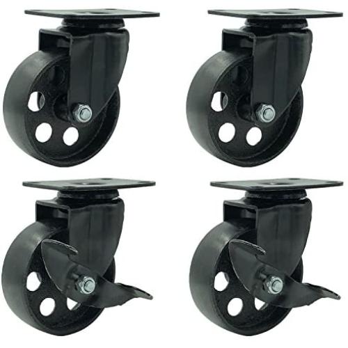 FactorDuty 4 All Black Metal Swivel Plate Caster Wheels w/Brake Lock Heavy Duty High-Gauge Steel (3.5'' Combo)