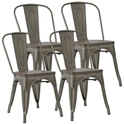 JUMMICO Metal Dining Chair Stackable Industrial Vintage Kitchen Chairs Indoor-Outdoor Bistro Cafe Side Chairs with Back and Wooden Seat Set of 4 (Gun) JUMMICO Metal Dining Chair Stackable Industrial Vintage Kitchen Chairs Indoor-Outdoor Bistro Cafe Side Chairs with Back and Wooden Seat Set of 4 (Gun)