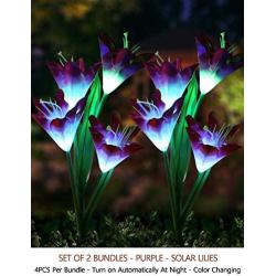 Bright Zeal 2 Bundle 8 Lily LED Fairy Solar Garden Light with Color Changing Flower Lights - Multi Color Solar Lights Outdoor Garden LED Flower Waterproof - Solar Power Purple Lily Flower LED Light