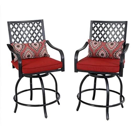 PHI VILLA Patio Swivel Bar Stools with Seat Cushion, Outdoor Extra Wide Bar Height Arms Chairs, 2 Pack