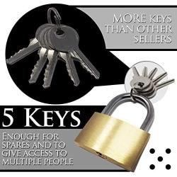 Keyed Padlock - Large 2'' Lock with 5 Matching Keys - Shackle Lock for Luggage, Suitcase, Door, Cabinet, Gate, Chests, Lockers - Strong Weatherproof Lock Set Made from Hardened Steel and Solid Brass