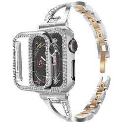 Bekomo Compatible with apple watch Band 38mm 42mm 40mm 44mm,1 pack bling Jewelry women Metal Strap and 2 pack Soft PC Bumper Protective Case Replacement for iWatch Series 5/4/3/2/1.