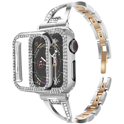 Bekomo Compatible with apple watch Band 38mm 42mm 40mm 44mm,1 pack bling Jewelry women Metal Strap and 2 pack Soft PC Bumper Protective Case Replacement for iWatch Series 5/4/3/2/1.