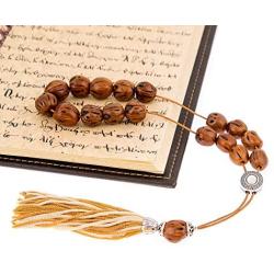 Brown Nutmeg Seed, Handmade Greek Worry Beads or Komboloi with Alpaca Metal Parts on Pure Silk Cord & Tassel, Length 34cm (13.4)