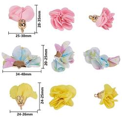 SUNNYCLUE 60pcs 3 Style 3D Cloth Flower Charms Pendants Fabric Floral Petal Tassel with Metal Caps Key Chain for Jewelry Making