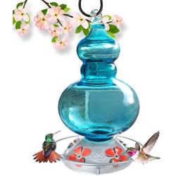 Grateful Gnome - Hummingbird Feeder - Hand Blown Glass - Carolina Blue Sky - 32 Fluid Ounces Free Bonus Accessories S-Hook, Ant Moat, Brush and Hemp Rope Included