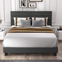 Allewie Queen Size Platform Bed Frame with Fabric Upholstered Headboard and Wooden Slats, Fully Upholstered Mattress Foundation / Strong Wooden Slats Support / Box Spring Optional / Easy Assembly