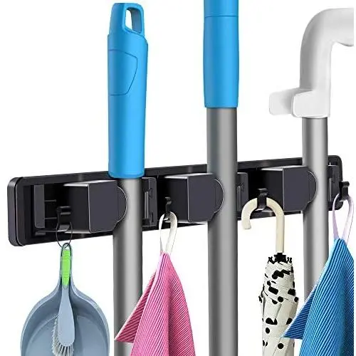 SYOSIN Broom Holder Wall Mounted, Heavy Duty Mop and Broom Hanger Metal Tools Hanger, with 3 Adjustable Sliding Racks and 4 Hooks for Kitchen Bathroom Closet Office Garden SYOSIN Broom Holder Wall Mounted, Heavy Duty Mop and Broom Hanger Metal Tools Hanger, with 3 Adjustable Sliding Racks and 4 Hooks for Kitchen Bathroom Closet Office Garden