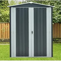 Hanover HANAPEXSHD-GW Twist Lock and 2 Tool Hooks, Dark Gray/White 3 5 x 6-Ft. Galvanized Steel Apex Patio Storage Shed