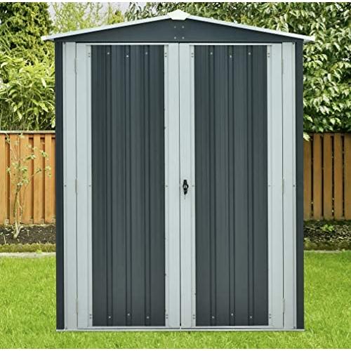 Hanover HANAPEXSHD-GW Twist Lock and 2 Tool Hooks, Dark Gray/White 3 5 x 6-Ft. Galvanized Steel Apex Patio Storage Shed