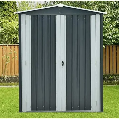 Hanover HANAPEXSHD-GW Twist Lock and 2 Tool Hooks, Dark Gray/White 3 5 x 6-Ft. Galvanized Steel Apex Patio Storage Shed