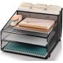 Metal Office Desk Organizer 3-Tier, Mesh Desktop Document and A4 File Holder with 3 Flat Trays and 2 Upright Compartments, Steel Mail Organizer for Desk Top Accessories, Stationery, Paper, Black