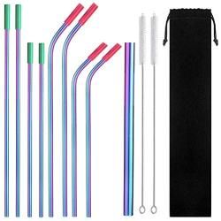 Eskyhouse Rainbow Colorful Stainless SteelStraws, 9Pcs Assorted Reusable Metal Drink Straws With Ultra Wide Metal Straw For Yeti 20oz 30oz 40oz Tumblers 8 Silicone tips 1 Pouch