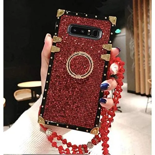 BABEMALL Compatible for Samsung Galaxy Note 8 Case, Elegant Premium Bling Square Protective Shock Absorption Metal Decoration Corner Back Case with Crystal Strap (Red)