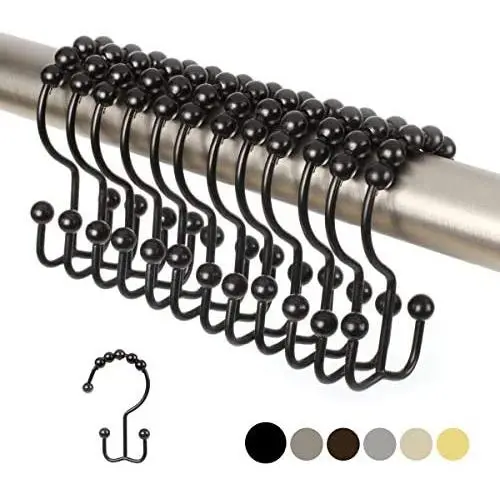 2lbDepot Double Shower Curtain Hooks Rings (Matte Black Decorative Finish) Premium Rust Resistant Stainless Steel Metal Hook, Roller Balls Glide on Shower Rods, Set of 12 2lbDepot Double Shower Curtain Hooks Rings (Matte Black Decorative Finish) Premium Rust Resistant Stainless Steel Metal Hook, Roller Balls Glide on Shower Rods, Set of 12