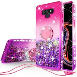 SOGA Rhinestone Glitter Bling Liquid Floating Quicksand Cute Phone Case Compatible for Samsung Galaxy Note 9 Case with Embedded Metal Ring for Magnetic Car Mounts Include Lanyard - Purple on Pink