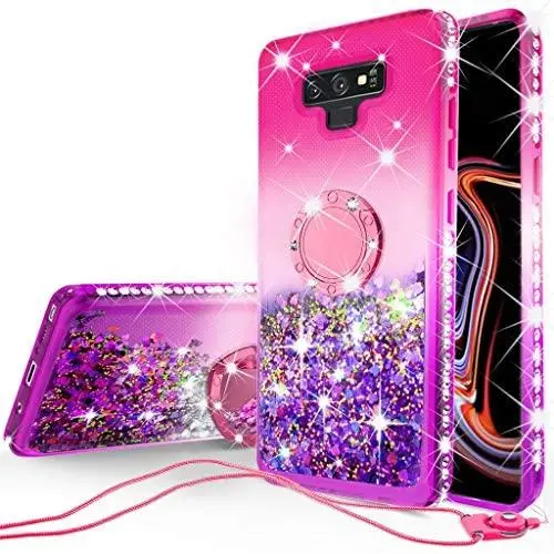 SOGA Rhinestone Glitter Bling Liquid Floating Quicksand Cute Phone Case Compatible for Samsung Galaxy Note 9 Case with Embedded Metal Ring for Magnetic Car Mounts Include Lanyard - Purple on Pink