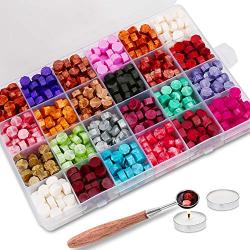 624PCS Sealing Wax Beads Packed in Plastic Box, with 2PCS Tea Candles and 1 PC Wax Melting Spoon for Wax Sealing Stamp (24 Colors)