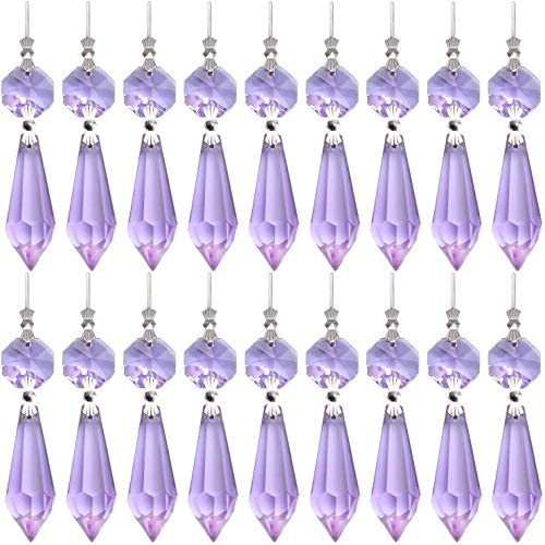 20 Pieces Chandelier Icicle Crystal U-Drop Prisms Lamp Parts Glass Pendants Beads for Wedding, Party or Holiday Decoration, 37mm, Purple