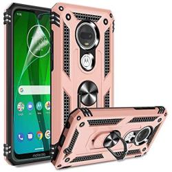 Moto G7 Case, Moto G7 Plus Case with HD Screen Protector, Gritup 360 Degree Rotating Metal Ring Holder Kickstand Armor Anti-Scratch Bracket Cover Phone Case for Motorola Moto G7 Rose Gold