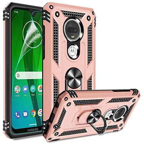 Moto G7 Case, Moto G7 Plus Case with HD Screen Protector, Gritup 360 Degree Rotating Metal Ring Holder Kickstand Armor Anti-Scratch Bracket Cover Phone Case for Motorola Moto G7 Rose Gold