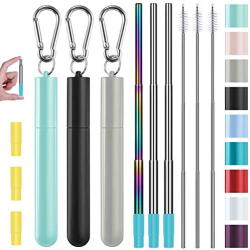 Metal Straws, Funbiz 3 Pack Reusable Collapsible Stainless Steel Straw with Plastic Case Silicone Tip and Long Cleaning Brush, Telescopic Portable Pocket Drinking Straws for Travel, Green/Black/Grey