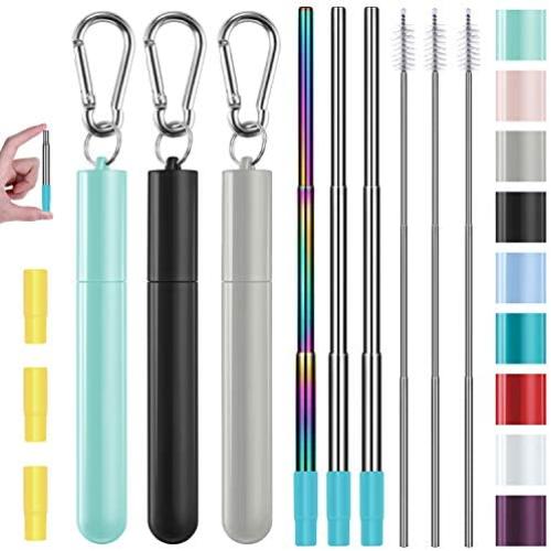Metal Straws, Funbiz 3 Pack Reusable Collapsible Stainless Steel Straw with Plastic Case Silicone Tip and Long Cleaning Brush, Telescopic Portable Pocket Drinking Straws for Travel, Green/Black/Grey