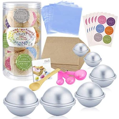 Caydo 176 Pieces DIY Bath Bomb Molds Set with Instructions Including 12 Pieces 3 Size DIY Metal Bath Bomb Molds, Spoons, Wrapping Papers, Shrink Wrap Bags for Crafting Your Own Fizzies