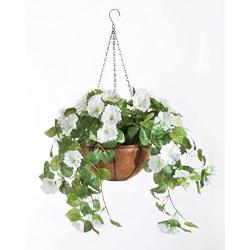 OakRidge Miles Kimball Fully Assembled Artificial Petunia Flower Hanging Basket, 10” Diameter and 18” Chain – Polyester/Plastic Flowers in Metal and Coco Fiber Liner Basket for Indoor/Outdoor Use